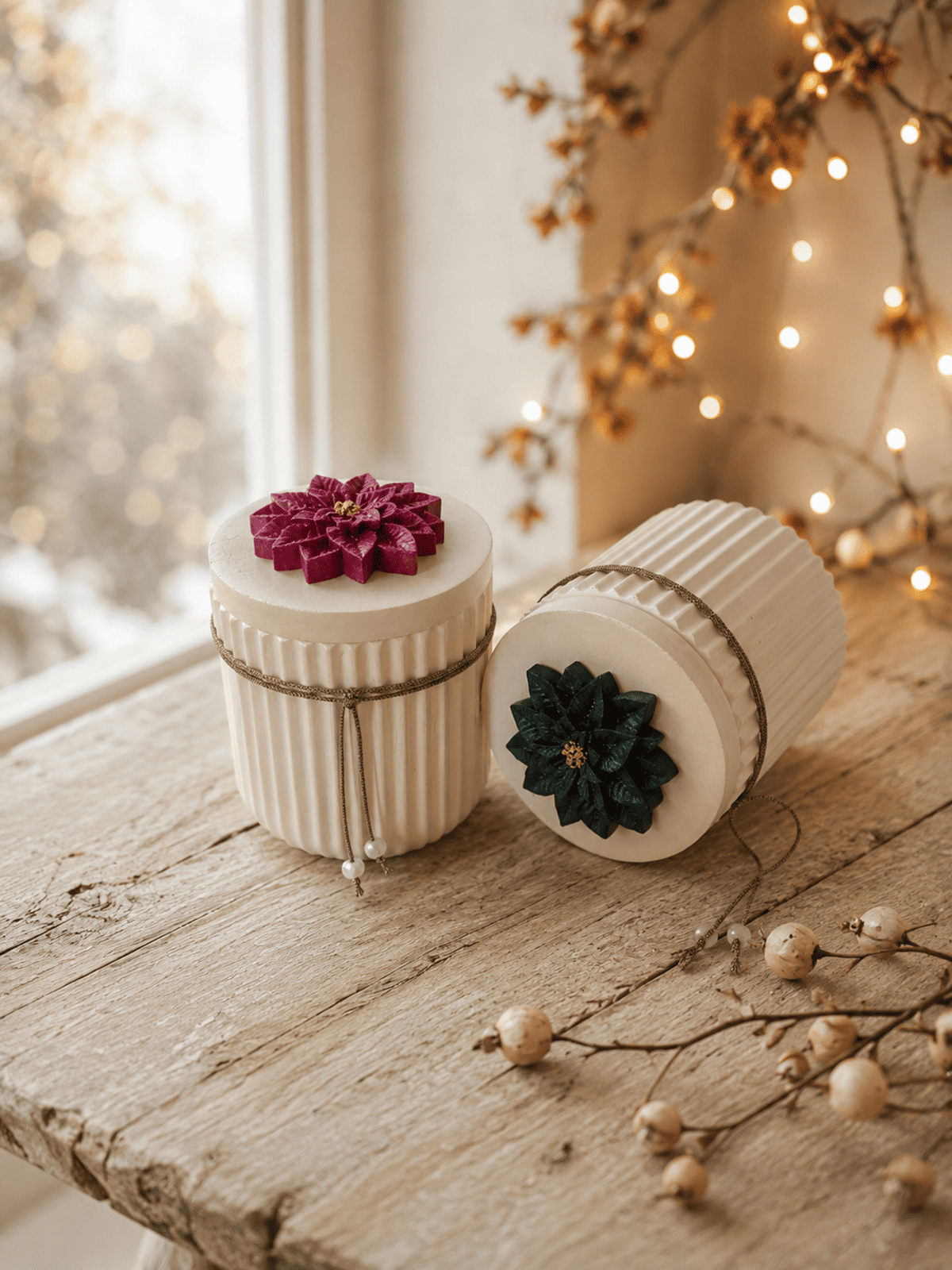 Χειροποίητο Κεραμικό Ριγέ Δοχείο με κερί "POINSETTIA CERAMIC CANDLE" Χειροποίητα κεραμικά δοχεία και κεριά SUSURUS για τα Χριστούγεννα. Ελληνικό design για gift shops, concept stores και συνεργασίες χονδρικής.